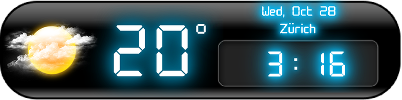 Weather Neon 4×1 rounded silver widget with a digital clock, temperature, city and weather icon.