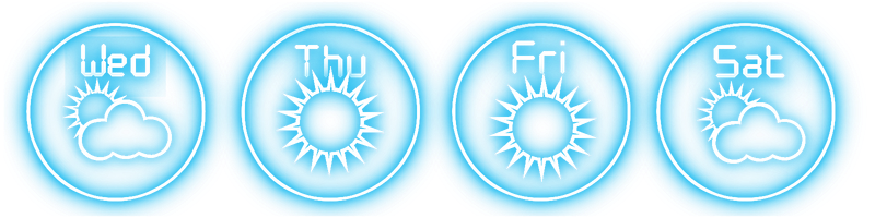 Weather Neon 4×1 forecast widget with four glowing circles showing day names and weather symbols.