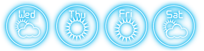 Weather Neon 4×1 forecast widget with four glowing circles showing day names and weather symbols.