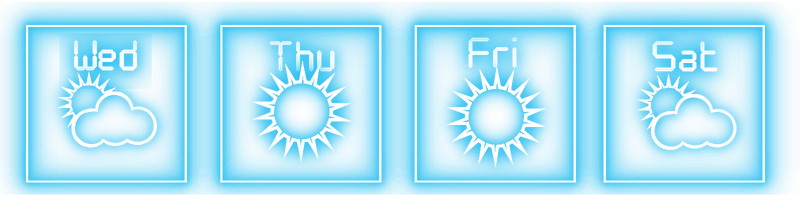 Weather Neon 4×1 forecast widget with four glowing square frames showing day names and weather symbols.
