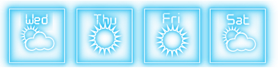Weather Neon 4×1 forecast widget with four glowing square frames showing day names and weather symbols.