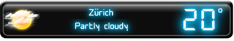 Weather Neon 4×1 chrome weather strip showing the city, current condition, weather icon and temperature.