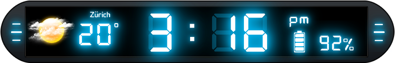 Weather Neon 4×1 widget with a cyan digital clock, temperature, weather icon and battery level.