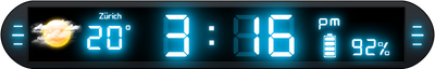 Weather Neon 4×1 widget with a cyan digital clock, temperature, weather icon and battery level.