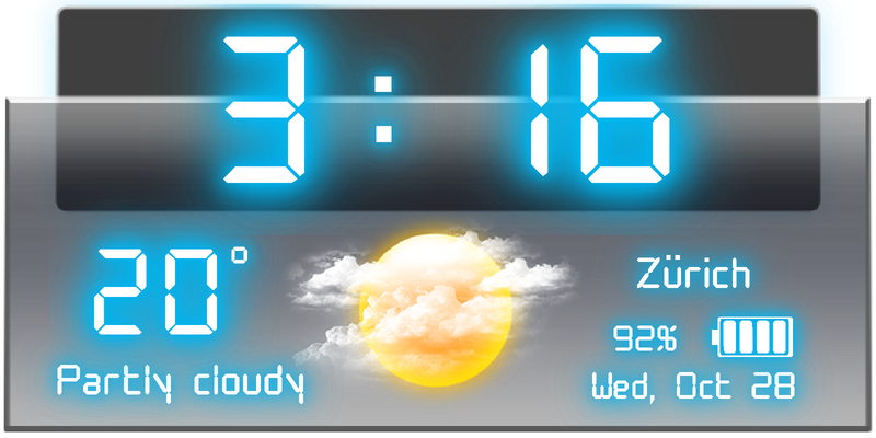 Weather Neon 4×2 glass panel with a large digital clock, current weather, date and battery level.
