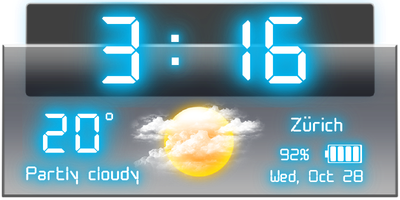 Weather Neon 4×2 glass panel with a large digital clock, current weather, date and battery level.