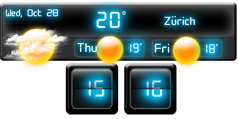 Weather Neon 4×2 widget with a flip clock, current weather and a two-day forecast.