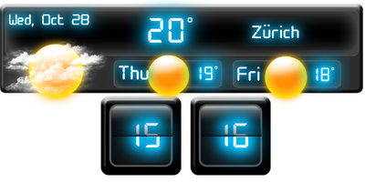 Weather Neon 4×2 widget with a flip clock, current weather and a two-day forecast.