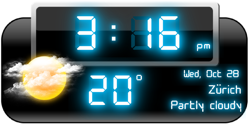 Weather Neon 4×2 chrome widget with a large digital clock, temperature, weather icon, city and date.