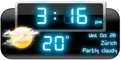 Weather Neon 4×2 chrome widget with a large digital clock, temperature, weather icon, city and date.