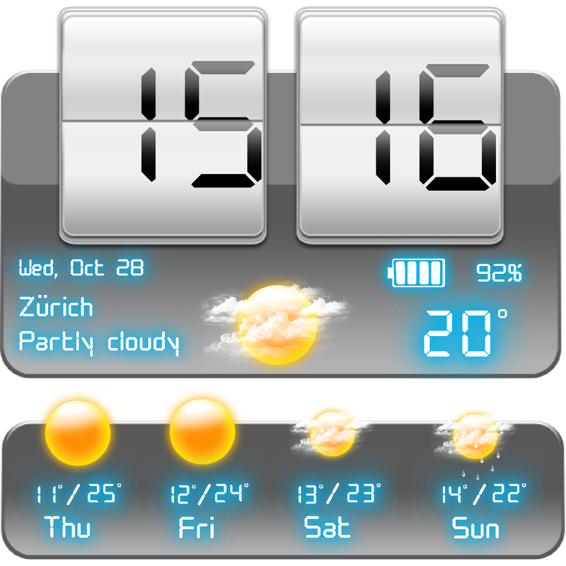 Weather Neon 4×4 silver flip clock with current weather and a four-day high and low temperature forecast.