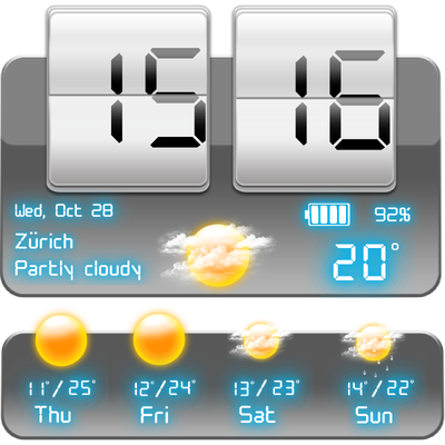 Weather Neon 4×4 silver flip clock with current weather and a four-day high and low temperature forecast.