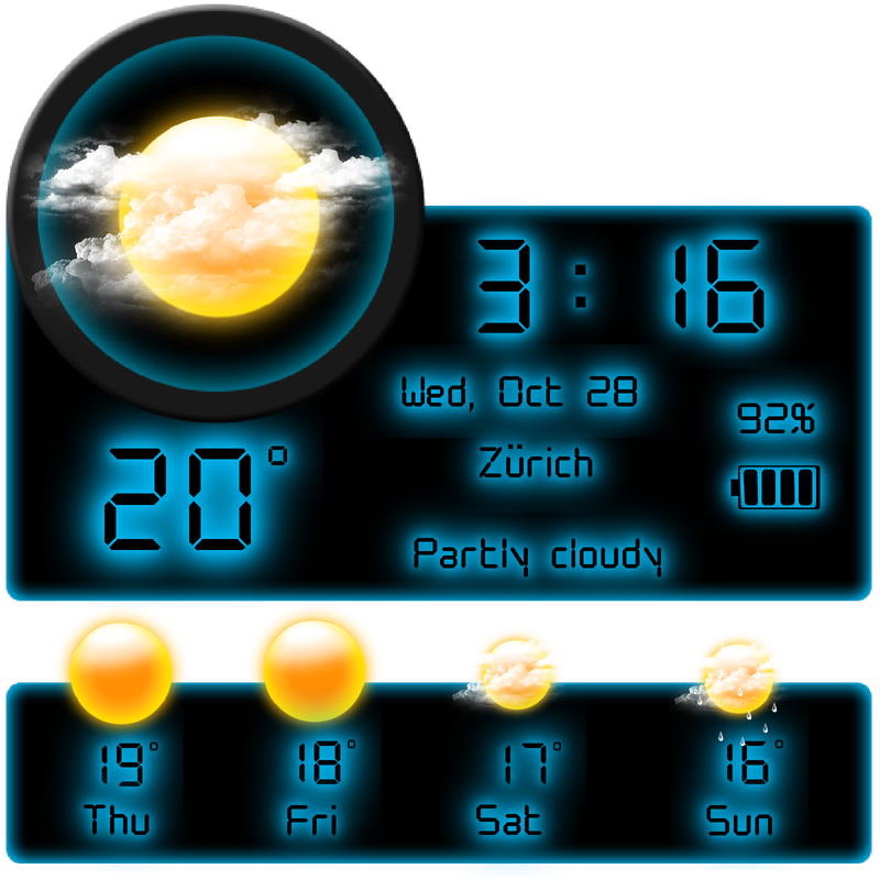 Weather Neon 4×4 cyan widget with a weather dial, digital clock, battery level and four-day forecast.