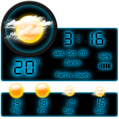 Weather Neon 4×4 cyan widget with a weather dial, digital clock, battery level and four-day forecast.